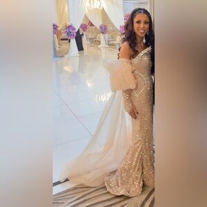 MONA LISA Strapless Beige and Silver Dress with cape and gloves